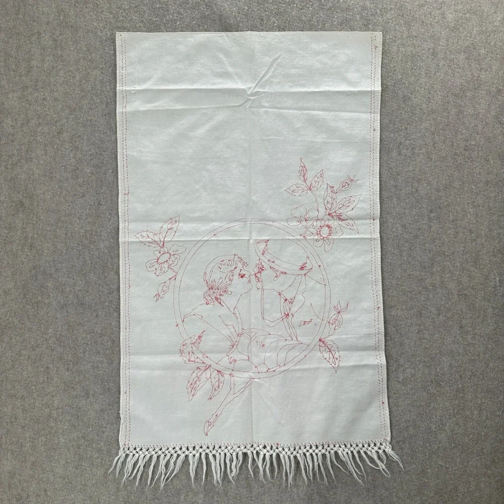 Handmade French Redwork Tea Towel White Red Kissing Couple Floral Fringe